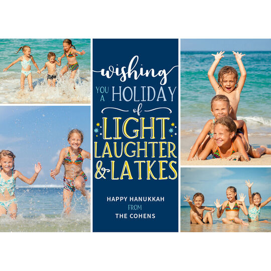 Light Laughter and Latkes Hanukkah Photo Cards